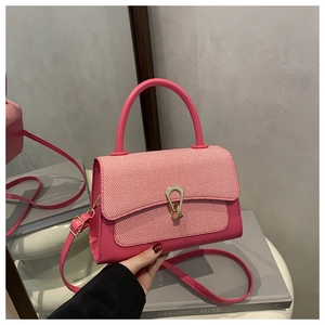Close-up of pink handbag with woven texture lid and golden horseshoe buckle