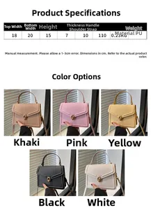 Detailed size chart and five color options for this elegant PU leather crossbody handbag