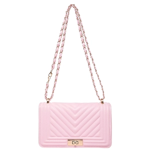 Pink quilted leather crossbody bag with V-shaped chevron stitching and gold chain strap