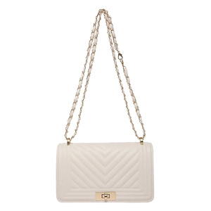 Elegant white quilted crossbody bag with gold chain strap and metallic twist lock