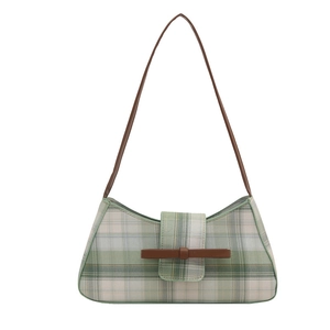 Retro green plaid underarm bag with brown leather strap for chic 2025 casual commuting