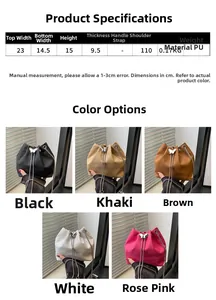 Detailed size chart and multi-color options for the chain bucket bag made of PU leather