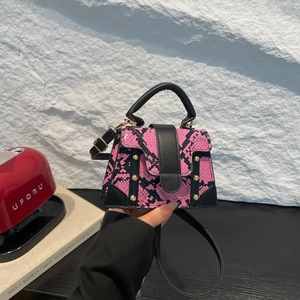 Pink and black snakeskin mini square handbag with top handle and gold studs