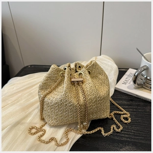 Close-up of beige woven bucket bag with gold chain strap and drawstring closure