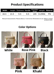 Detailed view of women's cylindrical PU leather box bag in five stylish colors with M logo
