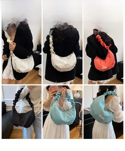 Collage of model wearing various colors of fashion ruched oxford shoulder bags