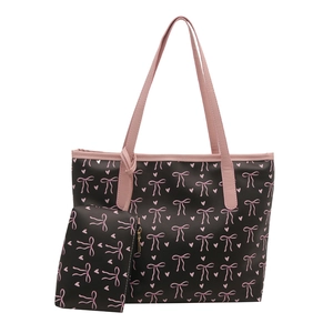 Black tote bag set with pink bow print, PU leather handles and matching zipper pouch