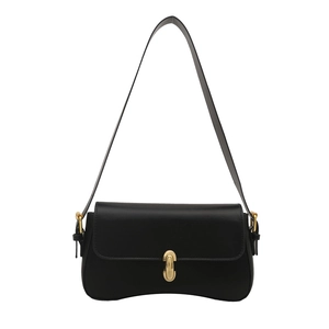 Minimalist black underarm bag with gold U-shaped buckle and adjustable leather strap