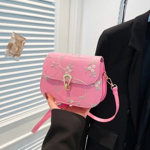 Women Floral Embroidered Shoulder Bag Trendy PU Leather Crossbody Square Bag With Metal Lock Elegant Daily Casual Purse
