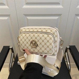 Retro cream crossbody camera bag with vintage print, double zippers and gold M logo
