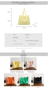 Size chart for the nylon tote bag detailing dimensions and multiple color options