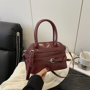 Vintage PU Leather Shell Shoulder Bag For Women Large Capacity Tote Handbag With Decorative Belt Crossbody Bag