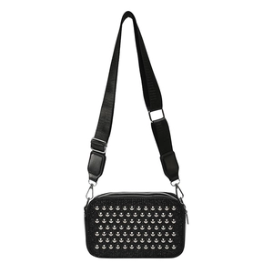 Fashionable black square crossbody bag with silver studs and an adjustable wide fabric strap