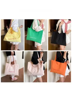 Collage of multi-color canvas tote bags showing various fashion colors on models