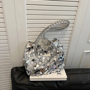 Sequin Shoulder Bag Polyester Lining Sparkly Metallic Tote With Braided Strap For Party Streetwear Y2K Fashion Women Purse