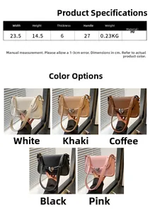Detailed size specifications and color options for the stylish heart decor square handbag