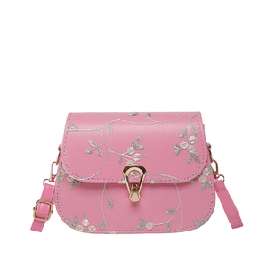 Pink floral lace embroidery crossbody bag with golden water-drop twist lock and strap