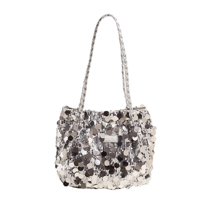 Chic silver sequin tote bag with metallic sheen and woven shoulder strap for women