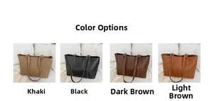 Detailed color selection showing khaki, black, dark brown and light brown tote bags
