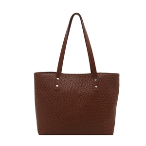Brown woven lattice large tote bag with long shoulder straps for casual commuting