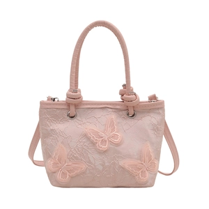 Borsa a secchiello in pizzo rosa con farfalla ricamata 3D e manico tondo da donna