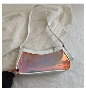 Detail of laser iridescent transparent PVC and white PU leather tote with zipper