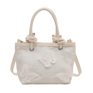 Sac seau blanc élégant avec broderie florale et papillons en dentelle 3D pour femme