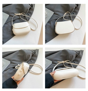 Detailed four-way view of minimalist cream PU leather saddle bag with adjustable strap