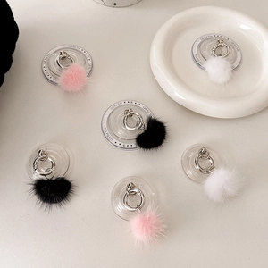 Phone Ring Holder Grip With Faux Fur Pom-pom Transparent Acrylic Base Magnetic Desktop Stand For Women Girls