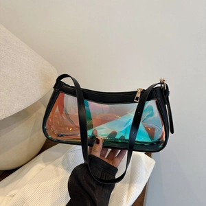 Holographic PVC rectangular baguette bag with black leather trim and shoulder strap