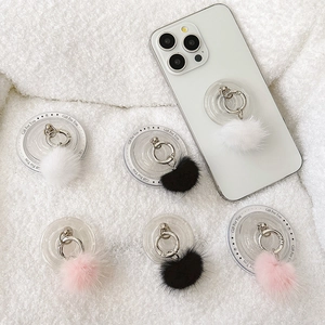 Creative faux mink fur phone grip ring holder with acrylic base in multiple colors