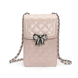Chic quilted chain phone bag in dusty pink leather with silver bow detail on white backdrop