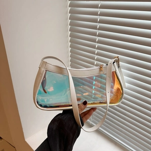 Chic laser iridescent transparent jelly shoulder bag with white trim and gold zipper
