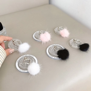 Detail of plush fur phone grip with acrylic base and metal ring in various colors