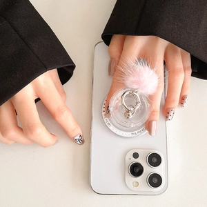 Pink faux fur pompom and silver ring phone grip with 'Gift For You' printed base