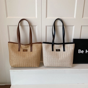 Women Straw Woven Tote Bag Large Capacity Shoulder Bag Summer Beach Vacation Fashion PU Leather Straps Minimalist Style