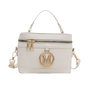Retro cream box bag with gold M-logo and hardware shown from a front-facing angle