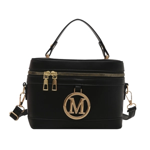 Sac boîte rétro en cuir noir avec logo M doré et bandoulière réglable amovible