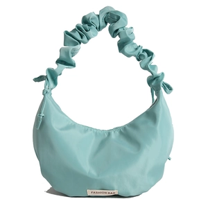 Mint green nylon crescent bag with ruffled strap and large capacity fashion bag design