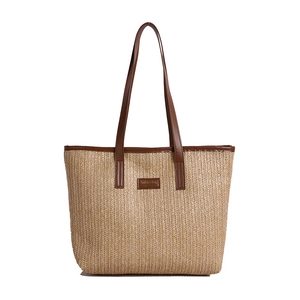 Sac fourre-tout en paille tissée avec poignées en cuir marron et logo mode