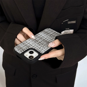 Detail of woven texture phone case for iPhone with raised lens protection and matte frame