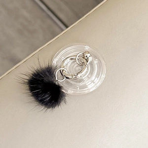 Detailed macro view of the fluffy black mink fur ball phone grip with silver ring and base
