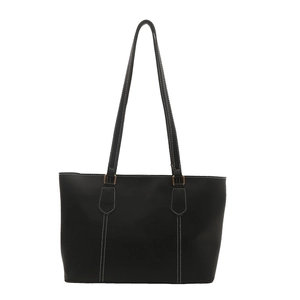 Large capacity black leather tote bag with white contrast stitching and gold hardware