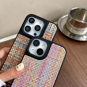 Detail of woven tweed texture on protective cases for iPhone 17 Pro Max models