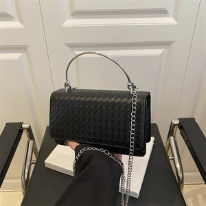 Chic black woven shoulder bag with silver metal handle and chain strap for women