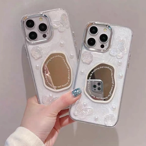 Shiny Glitter Artificial Pearl Phone Case With 3D Butterfly Rose And Makeup Mirror For iPhone Shockproof Protective Cover Sweet Style