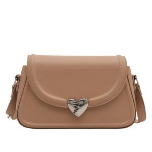 French style camel faux leather underarm bag featuring a unique silver heart-shaped lock