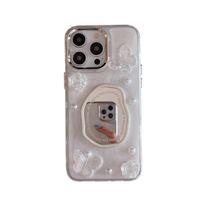 White pearl iPhone case with 3D resin butterfly, flowers and built-in vanity mirror
