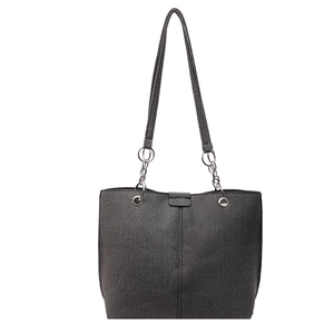 Minimalist dark gray textured tote bag with silver chain straps on white background