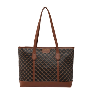 Grand sac cabas vintage à monogramme avec anses en cuir marron et plaque tendance